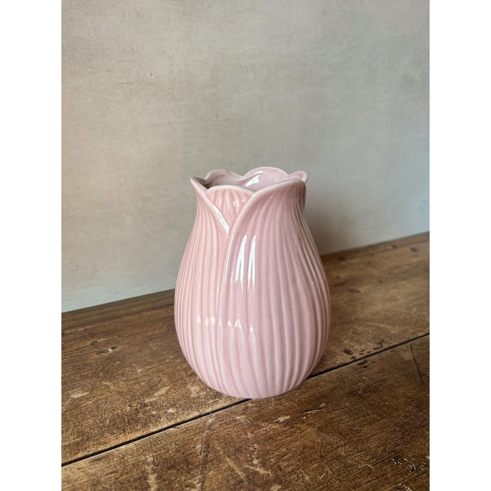 Vintage Pink Tulip Ceramic Vase β Ribbed Farmhouse Cottagecore Decor - Picture 6 of 11